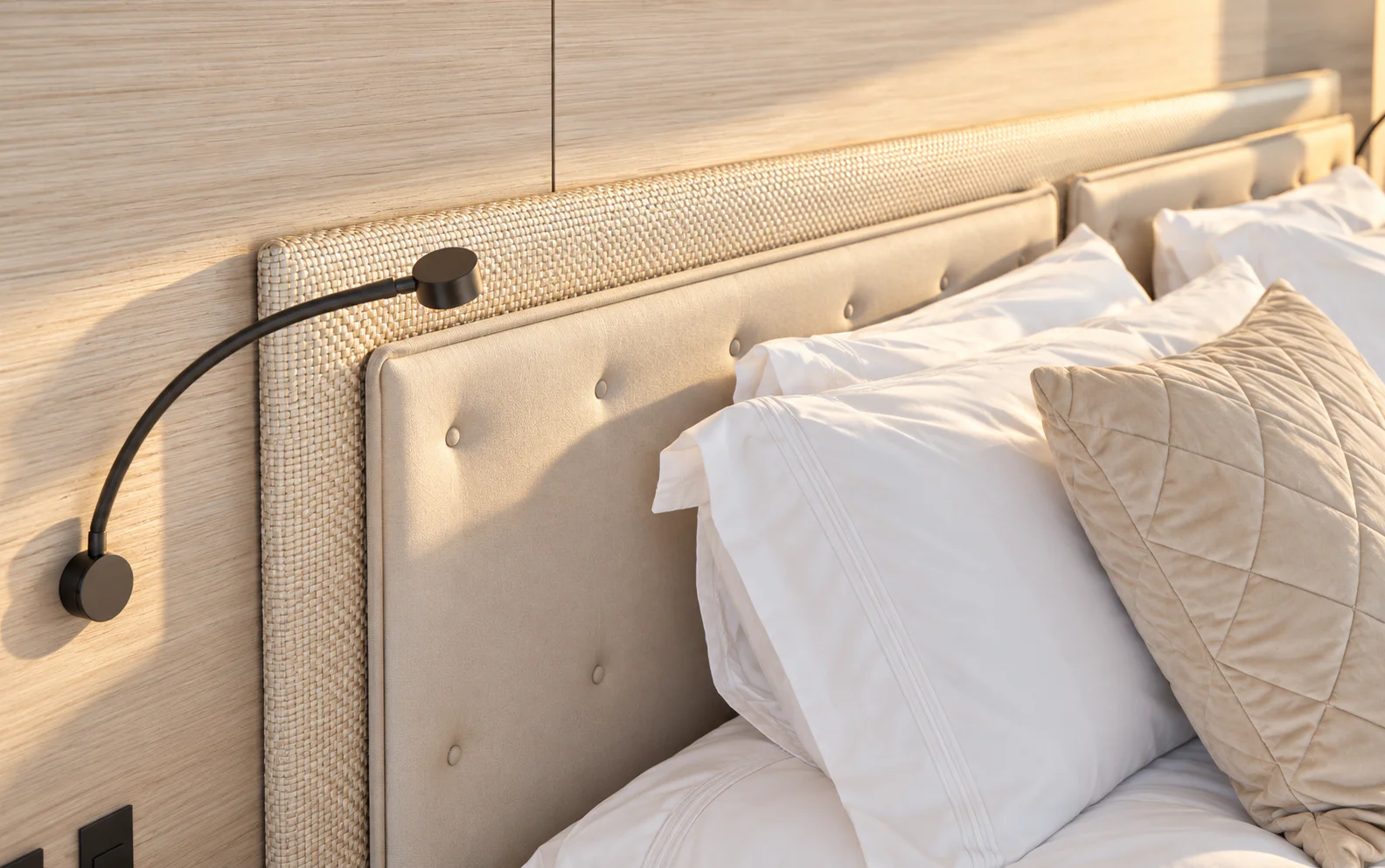 Dining table, upholstered chairs and walnut joinery in the saloon