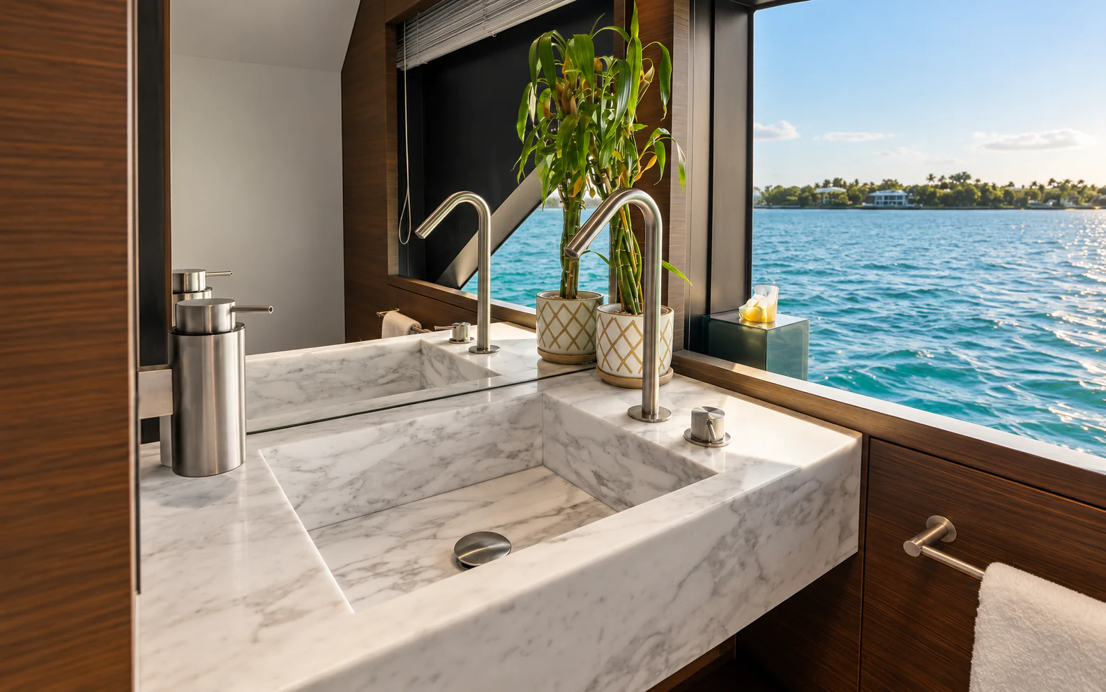 Bathroom basin with marble, timber and metal details