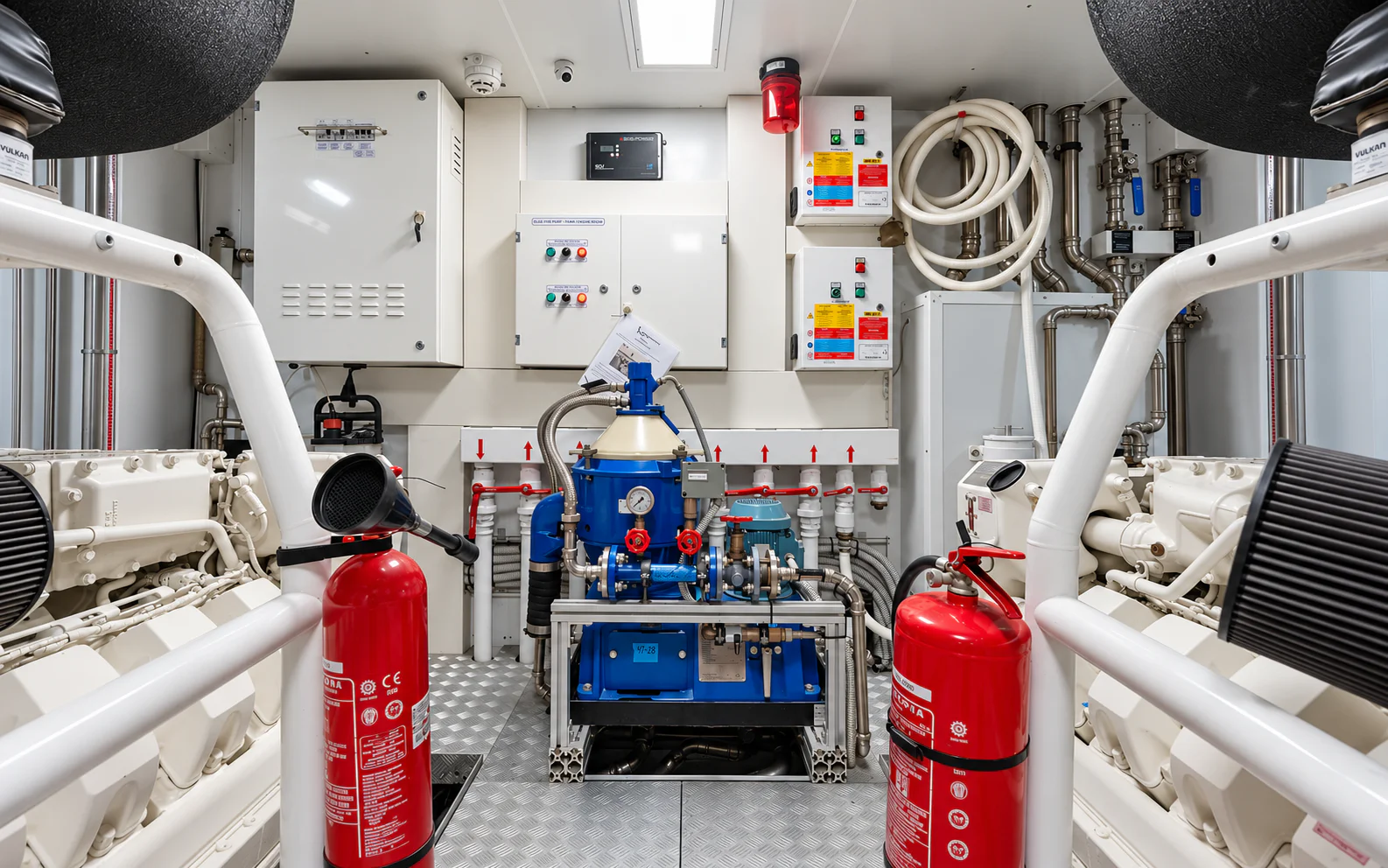 Both engines and the central access aisle in the engine room