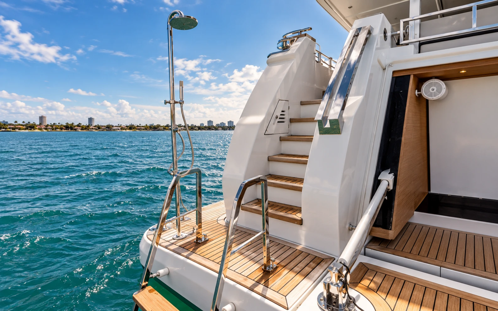 Stern steps, shower and entrance to the tender garage beside the swim platform