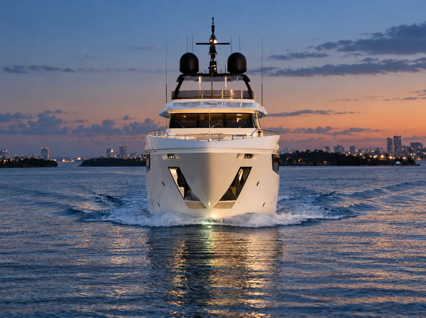 Yacht at anchor off Miami in evening light